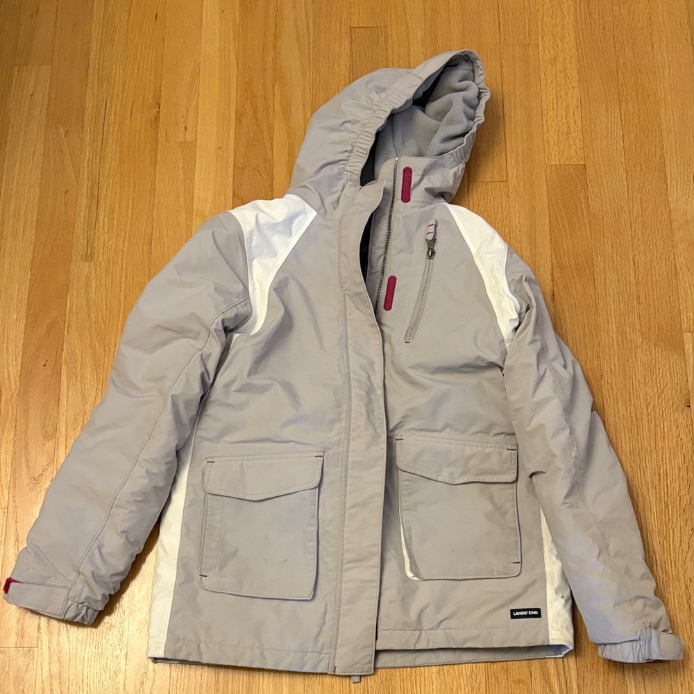 Lands' End Kids Gray and White Hooded Raincoat